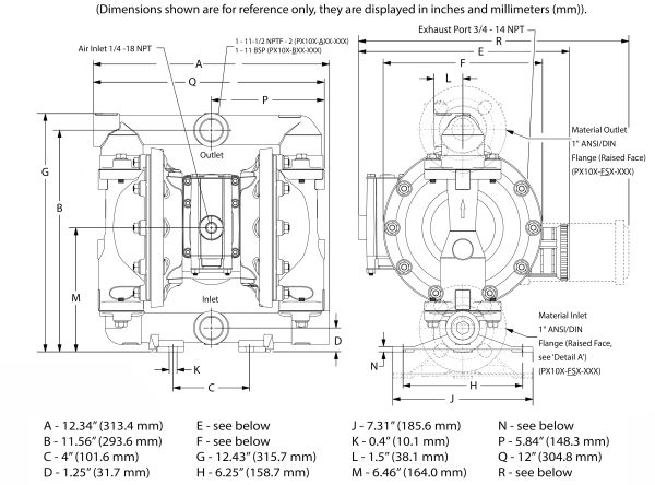 دیاگرام اندازه پمپ دیافراگمی آرو 1 اینچ فلزی EXPERT