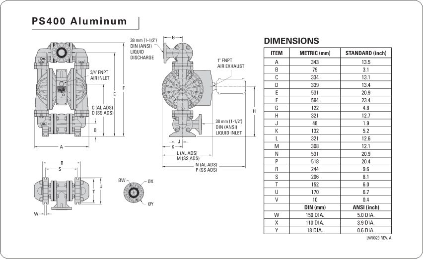 دیاگرام اندازه پمپ دیافراگمی 1/2-1 اینچ ویلدن مدل PS400 سری ADVANCED METAL