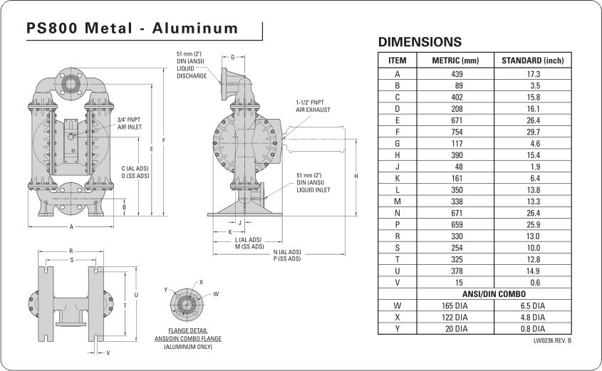 دیاگرام اندازه پمپ دیافراگمی 2 اینچ ویلدن مدل PS800 سری ADVANCED METAL